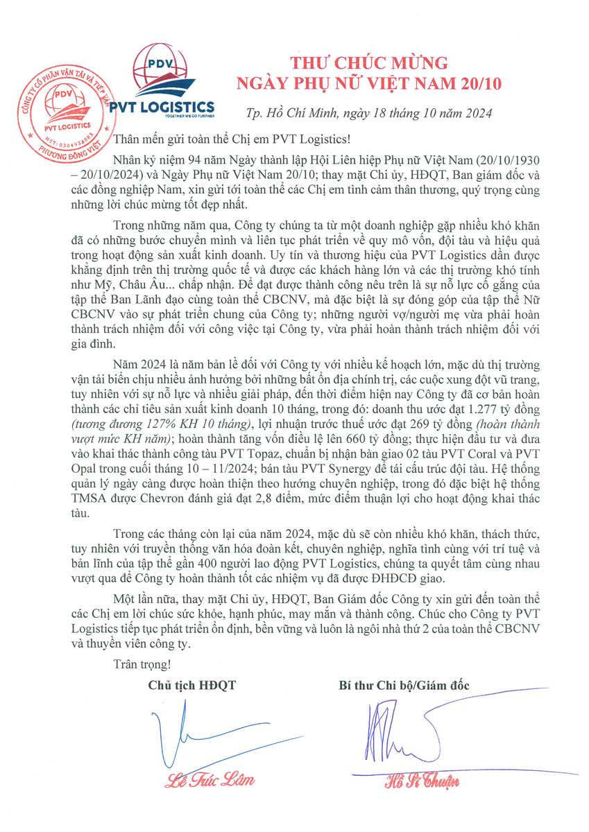 Thư chúc mừng của Ban lãnh đạo công ty nhân ngày Phụ nữ Việt Nam 20/10/2024
