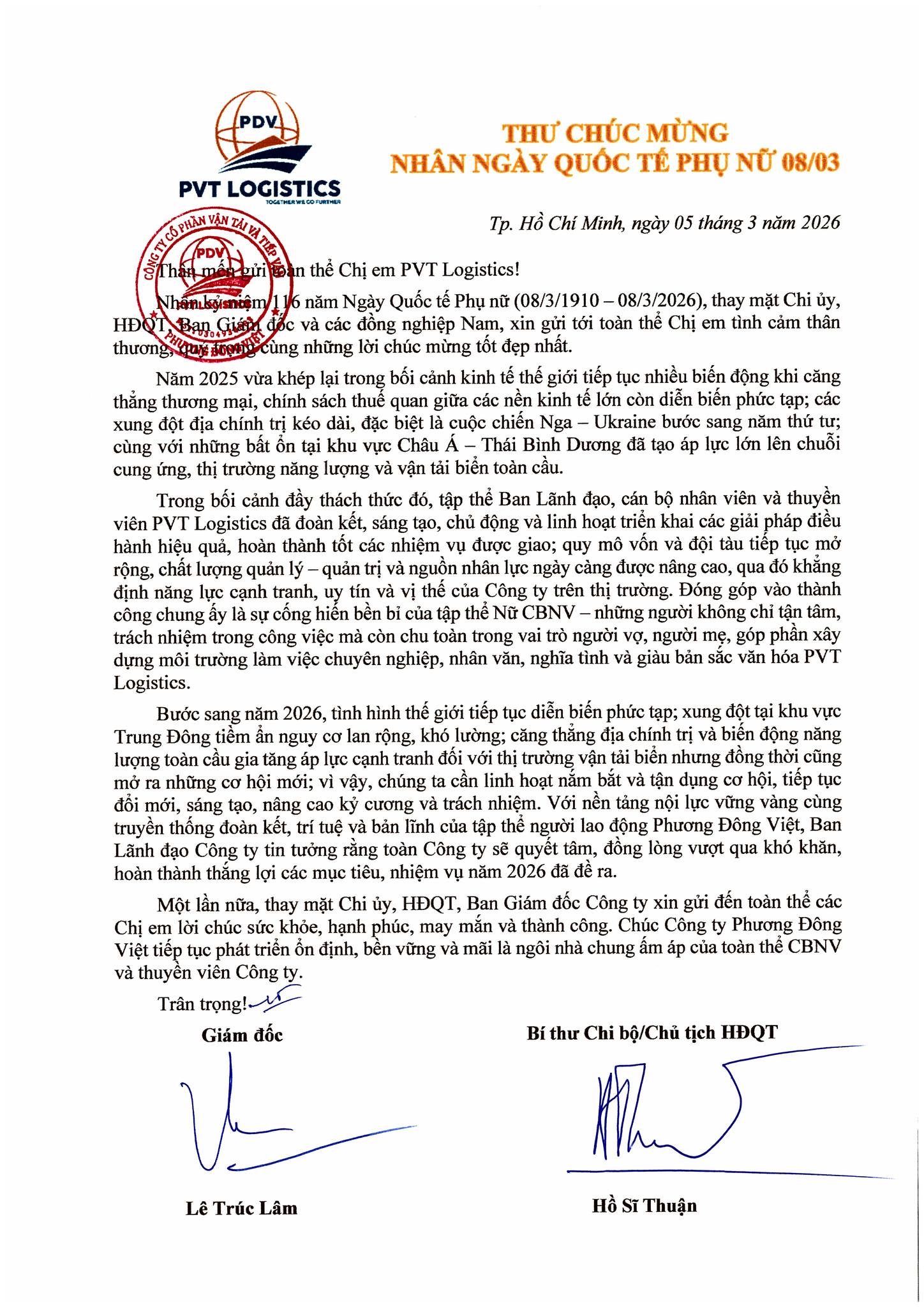 Thư chúc mừng nữ CBNV PVT Logistics nhân ngày Quốc tế Phụ nữ 08/03