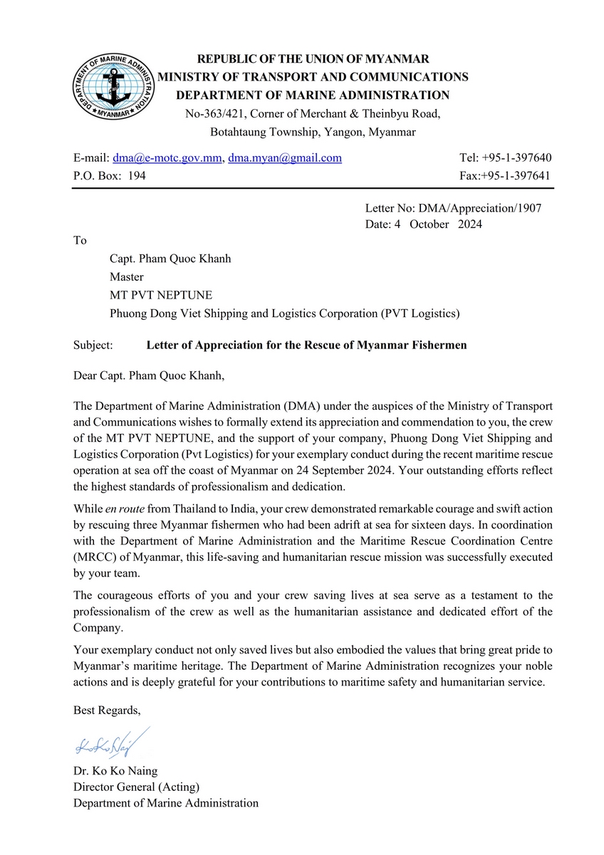 Letter of Appreciation for the Rescue of Myanmar Fishermen